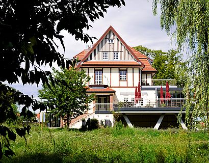Blick auf die Villa am See in Wildau zwischen Ästen, die im Vordergrund hängen