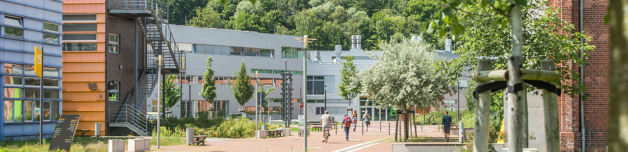 Campuswiese mit Blick auf Haus 15 und Haus 16