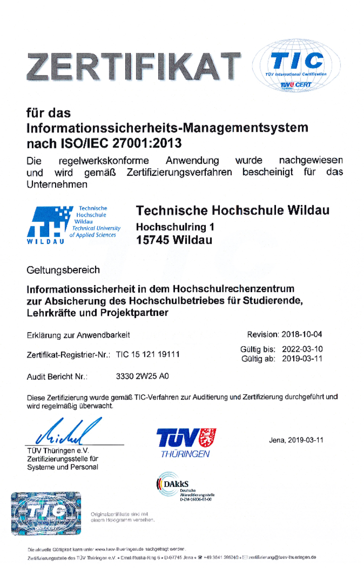 TH Wildau HRZ ISO27001 Zertifikat
