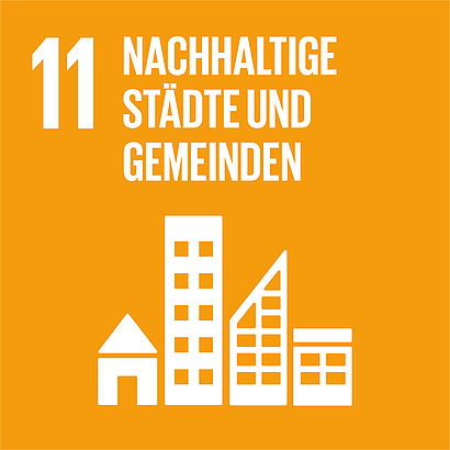 Gelb-oranges Quadrat mit weißem Piktogramm von verschiedenen Häusern. Am oberen Bildrand in weiß die Zahl 11 und der Schriftzug "Nachhaltige Städte und Gemeinden"
