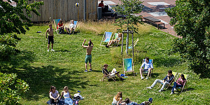 Studierende beim Volleyball und im Gespräch auf einer Campuswiese der TH Wildau
