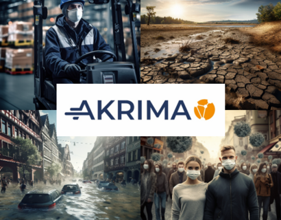 Akrima KI Krisenszenarien Pandemie, Bioterror, Dürre und Starkregen, in der Mitte das Projektlogo