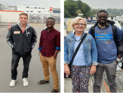 Collage bestehend aus zwei Bildern: Auf dem linken Bild stehen zwei Männer im Freien; auf dem rechten Bild stehen eine Frau und ein Mann an einem Bootssteg.