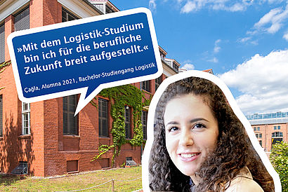 Portrait-Logistik-Studentin mit Sprechblase und Zitat vor Haus 13