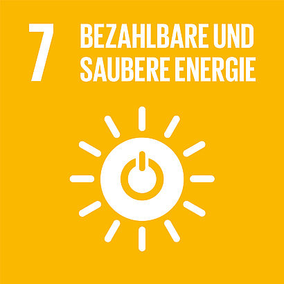 Sonnengelbes Quadrat mit weißem Piktogramm einer Sonne, auf der das Power Zeichen zu sehen ist. Am oberen Rand in weiß die Zahl 7 sowie der Schriftzug "Bezahlbare und saubere Energie"