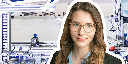 Collage mit Labor-Bild der Automatisierungstechnik und Portraitbild von Studentin