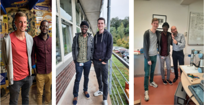 Collage bestehend aus drei Bildern, die verschiedene Szenen der Zusammenarbeit und kollegialen Interaktion in Innen- und Außenbereichen der Hochschule zeigen.