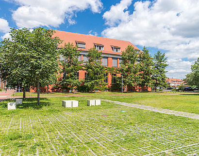 Campuswiese mit Blick zum Haus 13