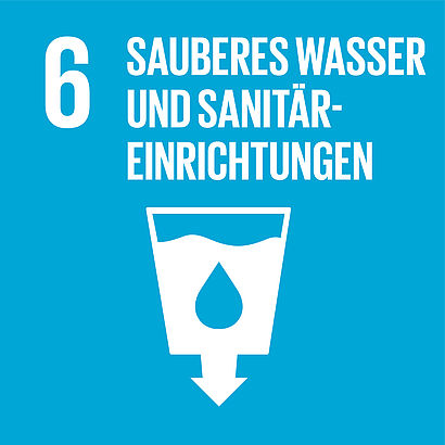 Türkisblaues Quadrat mit weißem Piktorgramm, das ein Wasserglas gefüllt mit einem Tropfen zeigt. Aus dem Boden des Glases zeigt ein Pfeil nach unten.Am oberen Rand in weiß die Zahl 6 sowie der Schriftzug "Sauberes Wasser und Sanitäreinrichtungen" 