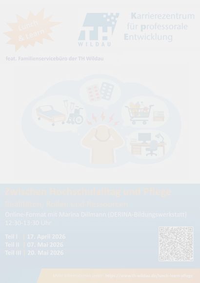 Poster zum Lunch & Learn: Pflege mit einer Grafik, die die vielfältigen Herausforderungen der Pflegenden zeigt, sowie Datum, Uhrzeit und QR-Code zur Website.