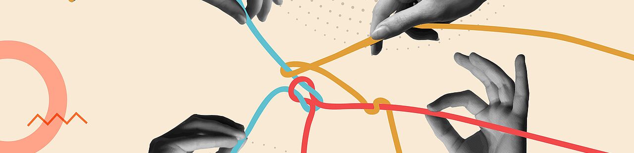 Die Collage zeigt vier ausgeschnittene schwarz-weiße Fotos von menschlichen Händen. Diese halten jeweils bunte Fäden, die sich in der Bildmitte treffen und verknoten.