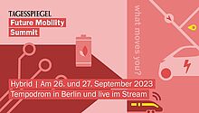 Future Mobility Summit Grafik mit Tagesspiegel-Logo, Informationen zum Future Mobility Summit, Elektroauto und Ladestation in verschiedenen Rot-Nuancen