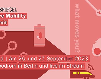 Grafik mit Tagesspiegel-Logo, Informationen zum Future Mobility Summit, Elektroauto und Ladestation in verschiedenen Rot-Nuancen
