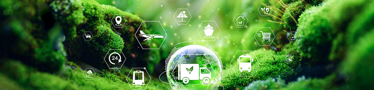© Kalawin @ stock.adobe.com Collage aus Bild mit grünem Moos im Hintergrund und weißen Icons von Fahrzeugen, die jeweils auch weiß umrandet sind