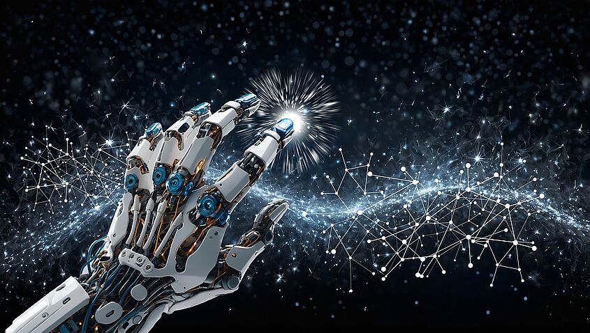 Ai generated 8890588 1280 Grafik mit Roboterhand, die in unbekannte Energie fasst