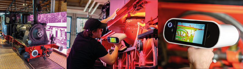 Fotos als Collage vom 3D-Scannen der Lok