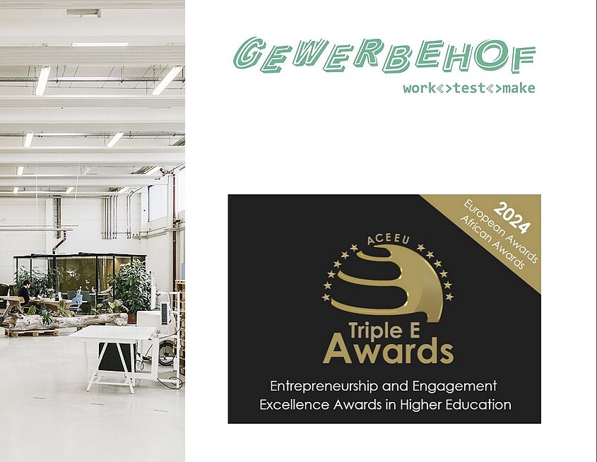 Gewerbehof das Foto ist eine Collage aus dem Blick in die Präsenzstelle Luckwalde, sowie dessen Schriftzug "Gewerbehof - work test make" und des Logo des Triple E Awards