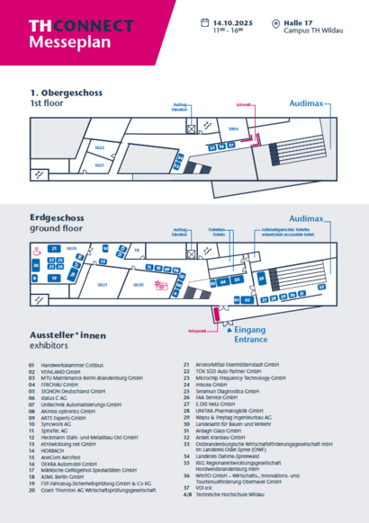Bild mit Lageplan von Halle 17 der TH Wildau und zugehörigem Standplan für die THCONNECT 2025