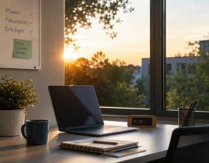 Auf dem Foto ist ein ruhiger Arbeitsplatz in den frühen Morgenstunden zu sehen. Auf einem Schreibtisch stehen ein aufgeklappter Laptop, ein Notizbuch, Stifte, eine Tasse und eine kleine Pflanze.  Durch ein großes Fenster fällt warmes Sonnenlicht in den Raum. Draußen sind unscharf Bäume und ein Gebäude zu erkennen. Auf dem Schreibtisch steht außerdem eine kleine digitale Uhr, die 07:30 Uhr anzeigt.  Links hängt ein Whiteboard mit den Begriffen „Planen“, „Fokussieren“ und „Erledigen“. Darunter klebt ein Zettel mit dem Hinweis „Kühle Stunden nutzen“.  Das Bild vermittelt eine konzentrierte, ruhige Arbeitssituation am Morgen und passt gut zum Thema, Arbeitszeiten bei hohen Temperaturen in kühlere Tageszeiten zu verlegen.