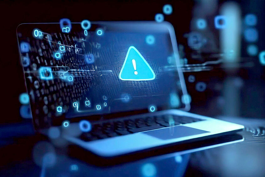 Cyberangriff Laptop mit einem Achtung-Zeichen auf dem Bildschirm