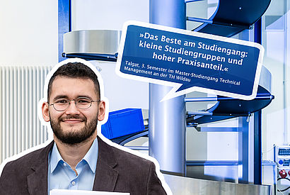 Collage mit Bild von Technical-Management-Studenten, Zitat auf blauem Hintergrund und Labor-Bild