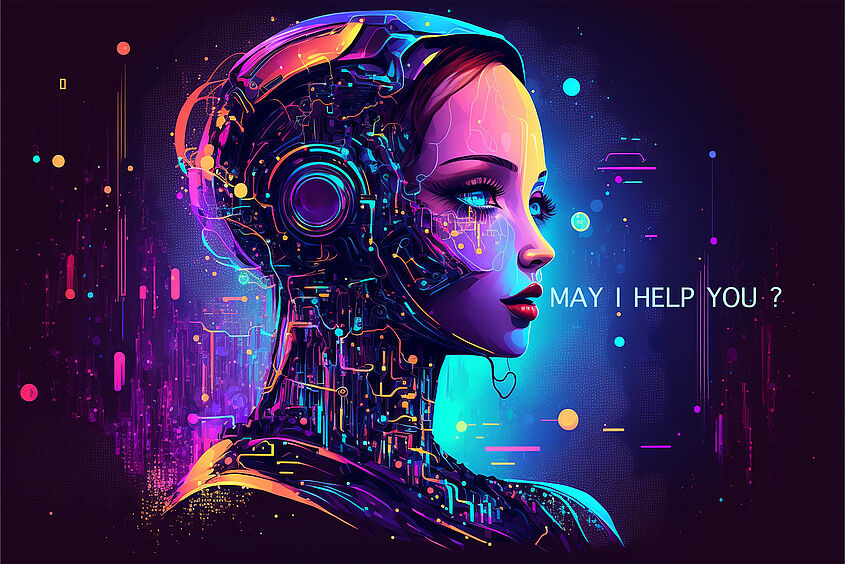 Grafik mit einem Frauen-Roboter-Kopf zur Veranschaulichung eines KI-gestützten Sprachassistenten