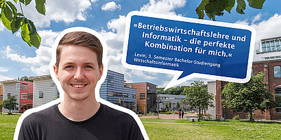 Collage mit Studierendem der Wirtschaftsinformatik und Campusbild