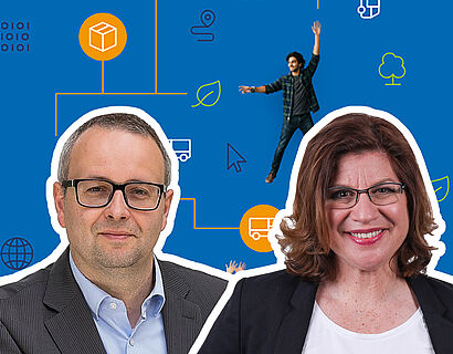 Jens Wollenweber und Susanne Trotzki, im Hintergund eine studiengangspezifische Grafik in blaum mit Piktogrammen