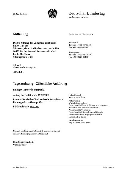 Tagesordnung der Sitzung des Verkehrsausschusses des Bundestags