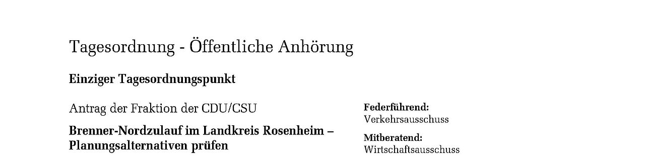 Tagesordnung der Sitzung des Verkehrsausschusses des Bundestags