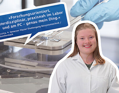 Collage mit Studentin der Biosystemtechnik und Labor-Bild