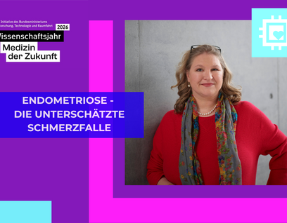 Grafik mit Bild einer Frau im Portraitbild und Überschrift "Endometriose - die unterschätzte Schmerzfalle"