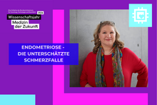 Grafik mit Bild einer Frau im Portraitbild und Überschrift "Endometriose - die unterschätzte Schmerzfalle"