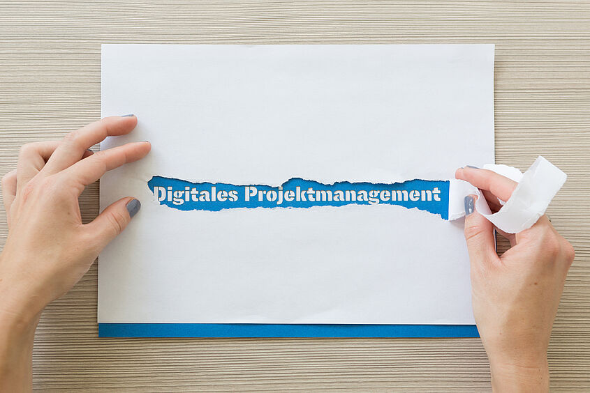 Blatt wo Digitales Projektmanagement zum Vorschein kommt Blatt wo Digitales Projektmanagement zum Vorschein kommt durch aufreißen