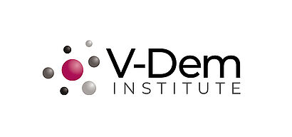 Logo des V-Dem Institute: Schwarze Schrift auf weißem Grund und ein Piktogramm mit grauen und einem roten Punkt.