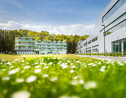 Blick auf das Studierendenwohnheim und Haus 16