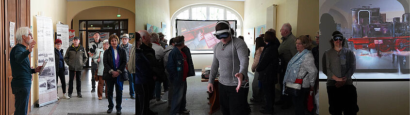 People at an exhibition and demonstrations of a VR headset.